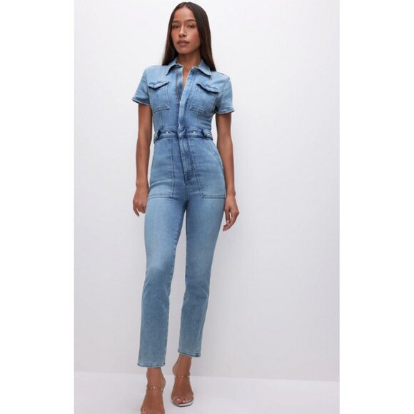 GOOD AMERICAN Fit For Success Jumpsuit Size 2 Blue274 Stretch Denim Pockets - Picture 1 of 10